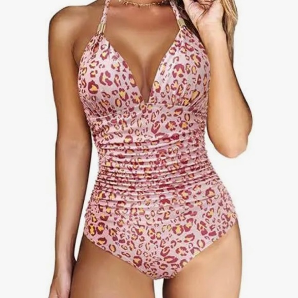 Other - Pink leopard halter rouched one piece swimsuit new without tag